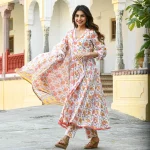 আকর্ষণীয় স্ক্রিন প্রিন্টেড হলুদ ফুলের গাউন,জামা,পায়জামা - Image 2